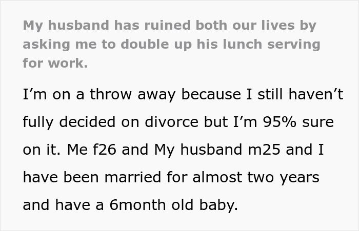 "My Husband Has Ruined Both Our Lives By Asking Me To Double Up His Lunch Serving For Work"