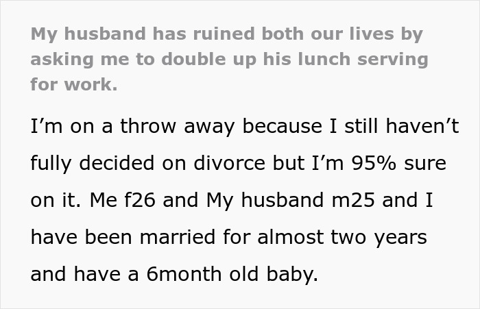 "My Husband Has Ruined Both Our Lives By Asking Me To Double Up His Lunch Serving For Work" "My Husband Has Ruined Both Our Lives By Asking Me To Double Up His Lunch Serving For Work"