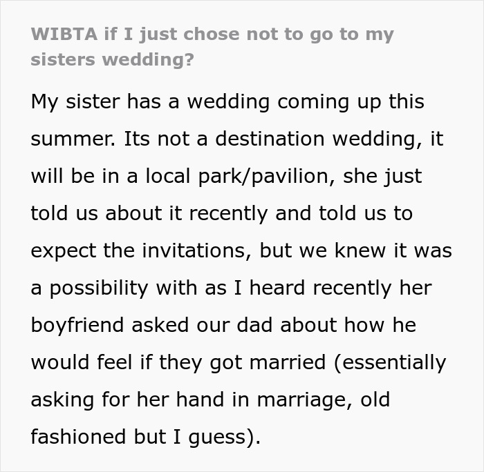 Woman Announces She Won't Attend Sister's Childfree Wedding, Fails To See Her Entitlement