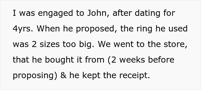 Text on a white background describing an engagement story involving a ring bought from a store with a receipt kept. Text on a white background describing an engagement story involving a ring bought from a store with a receipt kept.