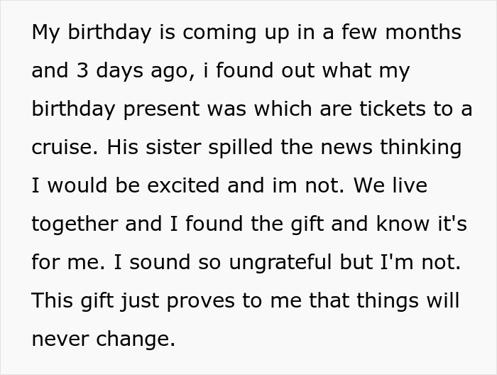 Woman Ends Her 2-Year Relationship After She Finds Out Cruise Tickets Are Her Birthday Gift Woman Ends Her 2-Year Relationship After She Finds Out Cruise Tickets Are Her Birthday Gift