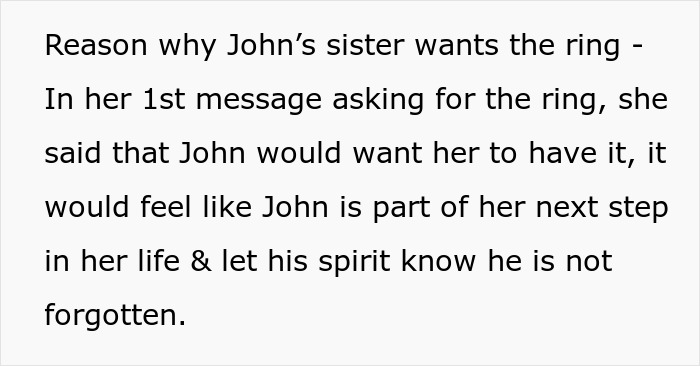 Text explaining why family wants the late son’s fiancé to return the family heirloom ring, mentioning memory and spirit. Text explaining why family wants the late son’s fiancé to return the family heirloom ring, mentioning memory and spirit.