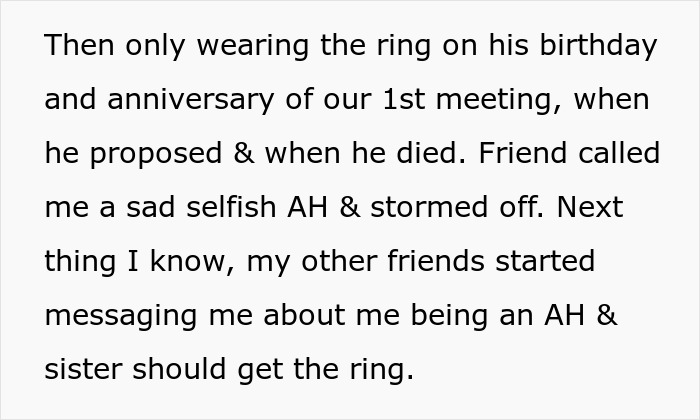 Text excerpt discussing a family heirloom ring causing conflict between a late son’s fiancé and family members. Text excerpt discussing a family heirloom ring causing conflict between a late son’s fiancé and family members.
