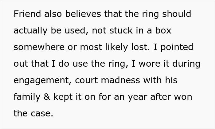 Text excerpt discussing engagement ring use amid family and court conflict over family heirloom dispute. Text excerpt discussing engagement ring use amid family and court conflict over family heirloom dispute.