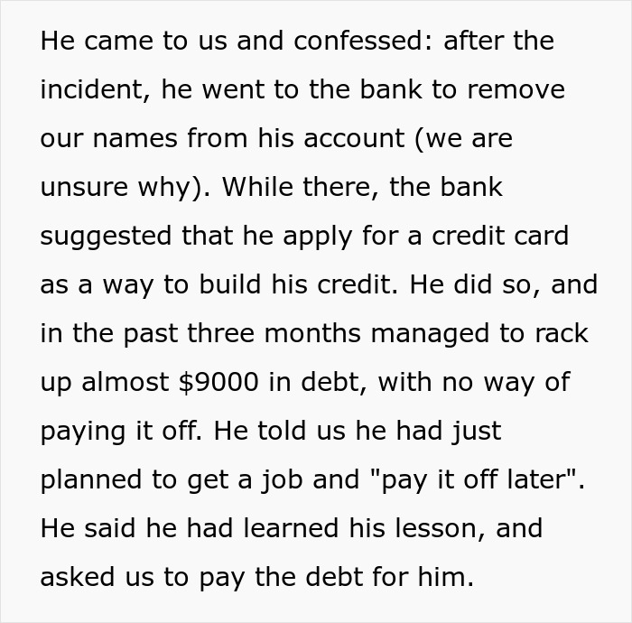 "He Stole One Of My Credit Cards": Entitled Son Expects His Well-Off Boomer Parents To Support Him "He Stole One Of My Credit Cards": Entitled Son Expects His Well-Off Boomer Parents To Support Him