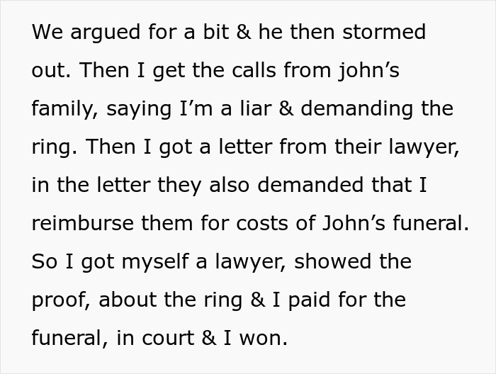 Text excerpt showing a family demanding a ring and funeral costs, with the fiancé winning the court case. Text excerpt showing a family demanding a ring and funeral costs, with the fiancé winning the court case.