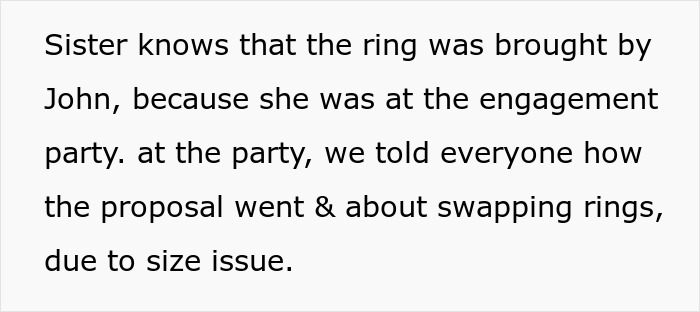 Text excerpt discussing family heirloom ring and engagement party details amid legal dispute over the item. Text excerpt discussing family heirloom ring and engagement party details amid legal dispute over the item.