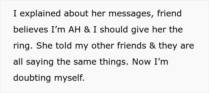 Text message conversation about a family heirloom ring causing doubt and conflict among friends and family. Text message conversation about a family heirloom ring causing doubt and conflict among friends and family.