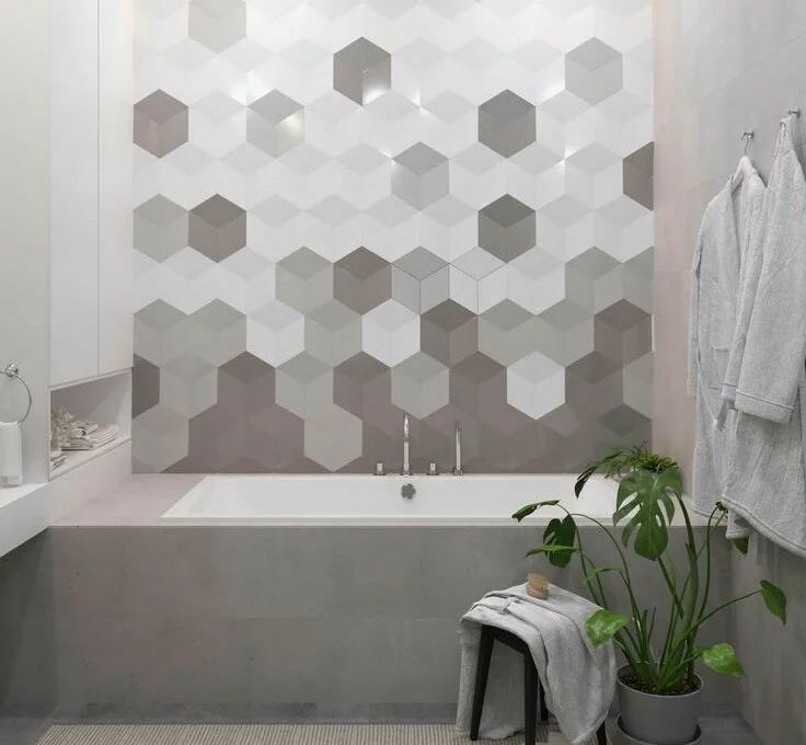 bathroom with hexagon tiles in different gray shades