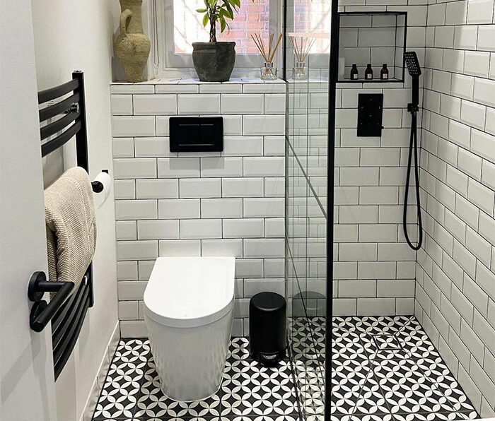 white bathroom with checkerboard design