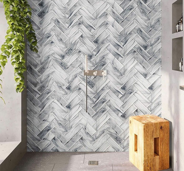 bathroom with gray chevron tiles