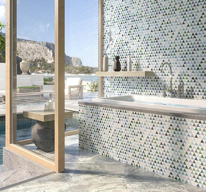 bathroom with geometric small tiles