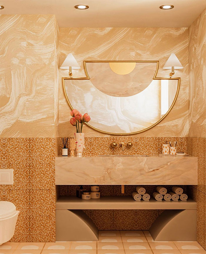 yellow bathroom with mosaic tiles mirror and marble sink