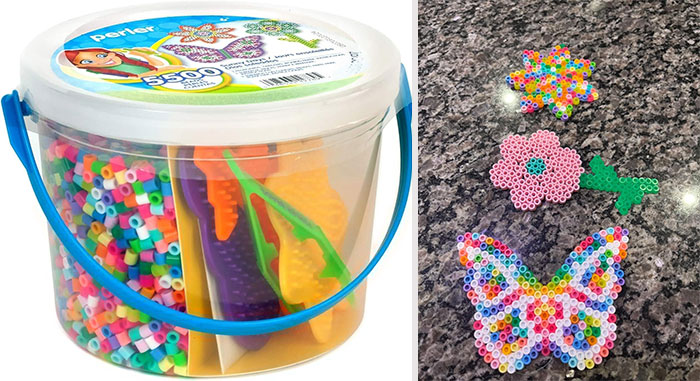 Bright Color Fuse Bead Bucket: Offering endless creative possibilities with 5500 assorted perler beads and three pegboard shapes, perfect for honing the crafting skills of your 7-year-old.