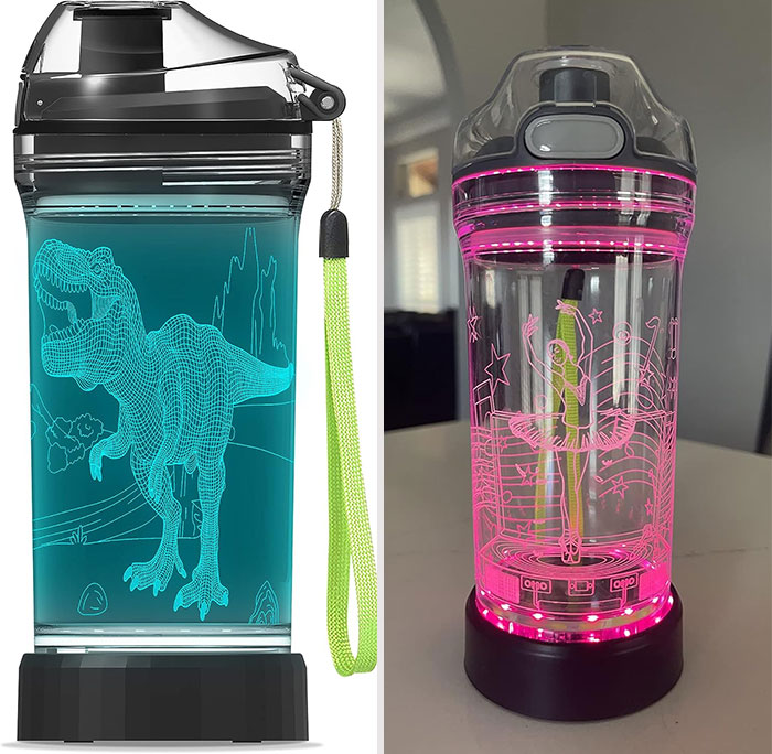 Light Up Kids Water Bottle: Acting as a night light and boasting an entertaining optical 3D illusion, perfect for appreciating art and technology while ensuring hydration and bedtime comfort for any 7-year-old.