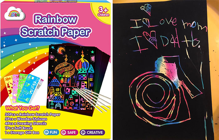 Scratch Paper Art Set: For young artists to create vibrant images and designs, perfect for travel or stay-at-home crafting, increasing your child's happiness and creativity.