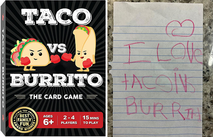 Taco vs. Burrito Card Game: Ingeniously created by a 7-year-old, guaranteed to provide endless fun and laughter for all age groups, making it an amazing gift for any occasion.
