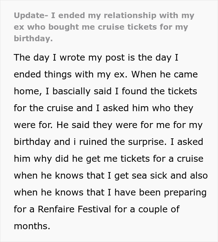 Woman Ends Her 2-Year Relationship After She Finds Out Cruise Tickets Are Her Birthday Gift Woman Ends Her 2-Year Relationship After She Finds Out Cruise Tickets Are Her Birthday Gift