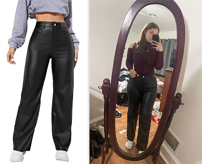 Women's High Waist Straight Leg Leather Look Pants: not just comfortable with their stretch fabric, but give off major Abercrombie & Fitch or Agolde vibes without the designer price tag, making them a must-have for any budget-conscious fashionista.