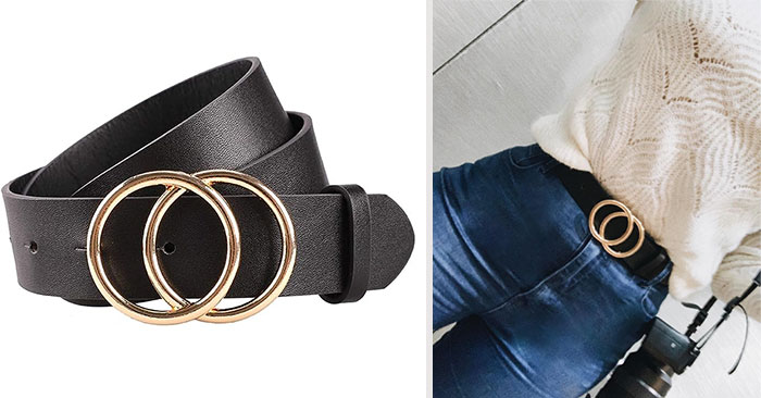 Women's Faux Leather Belt: Give your outfit a high-end upgrade with this women's faux leather belt, a chic and budget-friendly alternative to the Gucci Double O-ring design.