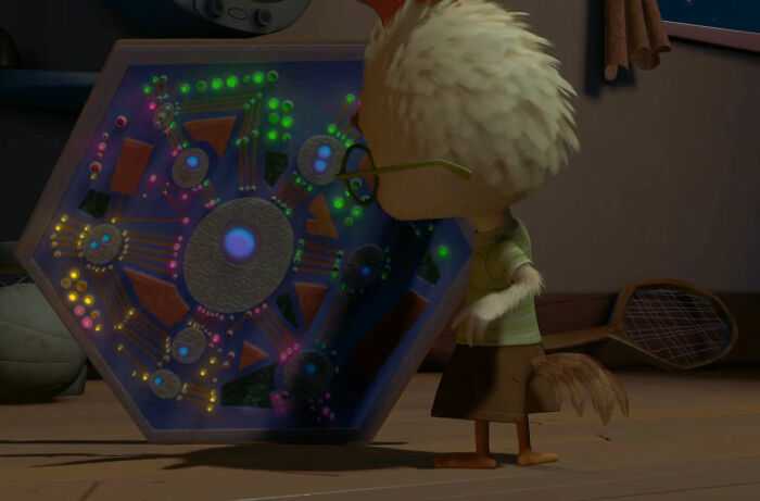 Chicken Little looking at the piece of sky 