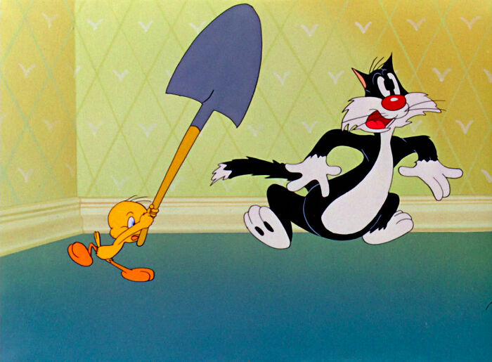 Tweety Pie holding a shovel and a cat is scared 