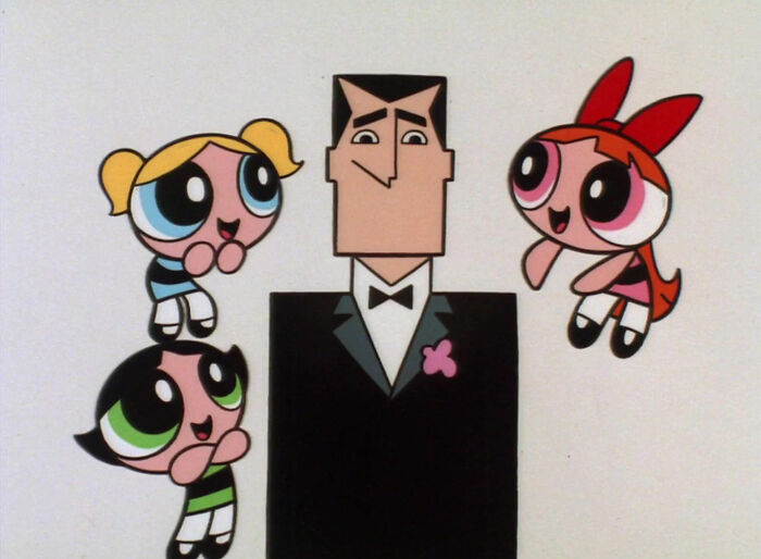 Powerpuff Girls and a man in black suit