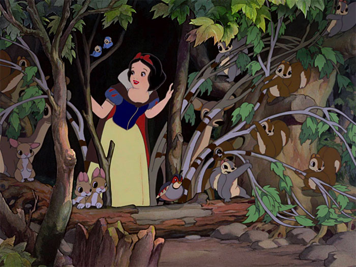 Snow White and other animals on a tree