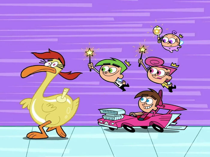 The Fairly OddParents scene with main characters and a duck 
