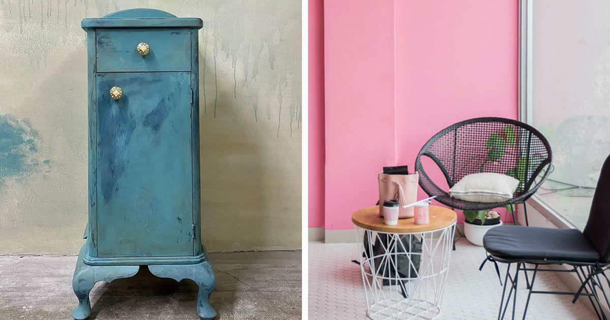 A chalk-painted blue cupboard and a pink room painted with regular paint