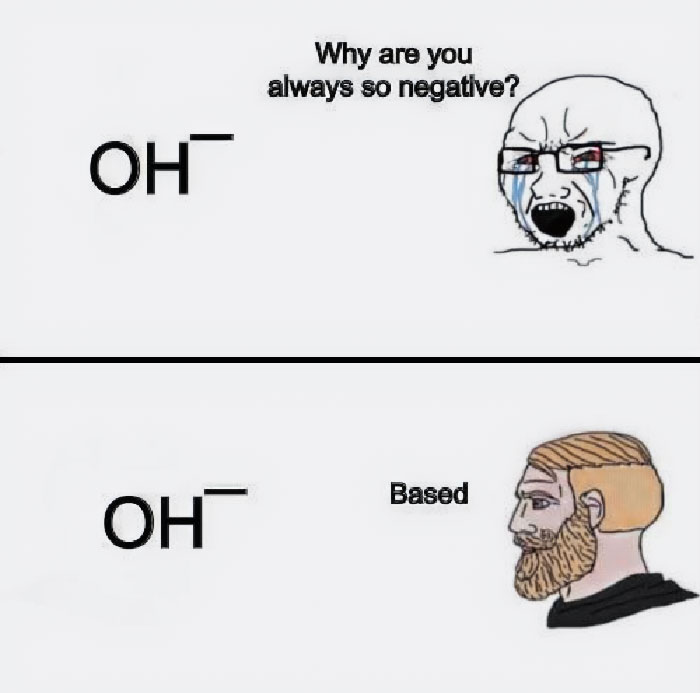 Chemistry meme about OH being negative 