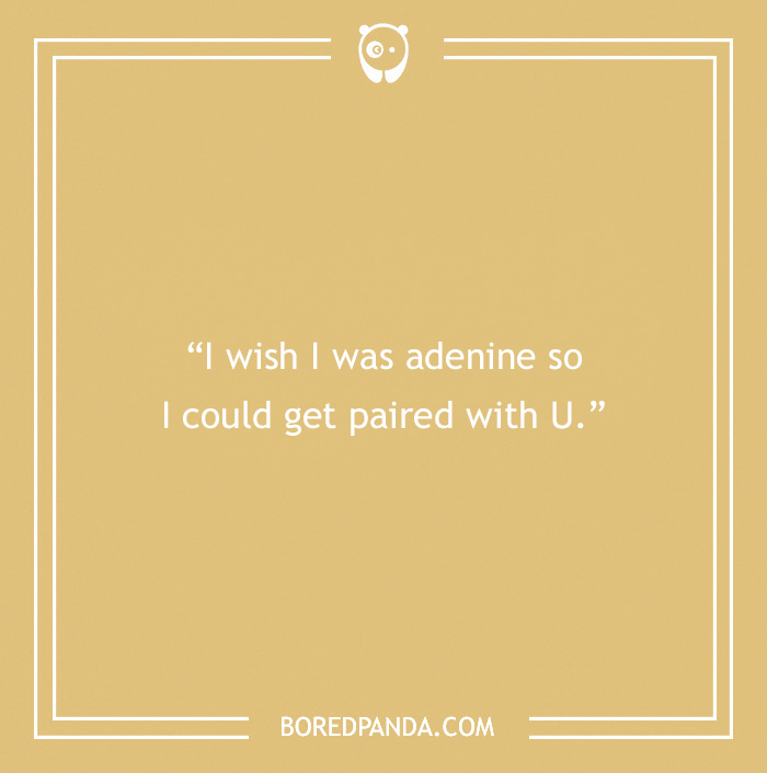 Chemistry pick-up line on a yellow background with a nerdy twist about adenine and uracil.