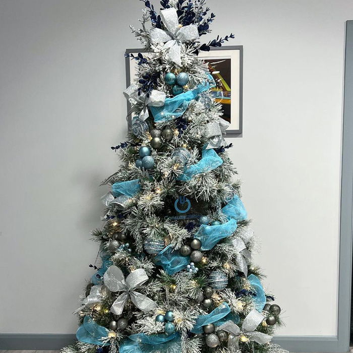 Christmas tree with baby blue and silver ornaments 