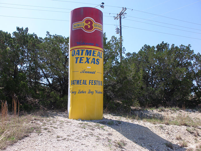 Oatmeal, Texas, USA city sign 