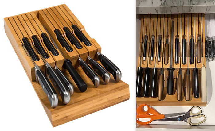 In-Drawer Bamboo Knife Block: For an easy knife retrieval and secure placement, ensuring your-cutlery-drawer doesn’t turn into a hazardous mess and offers beautifully sustainable storage solution.