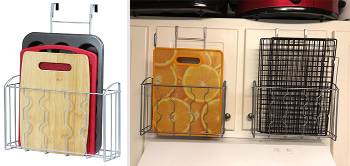 SimpleHouseware Over The Cabinet Door Organizer: Perfect for keeping your kitchen essentials neatly sorted, now you will never again struggle with cluttered cutting boards, baking pans, or food wraps.