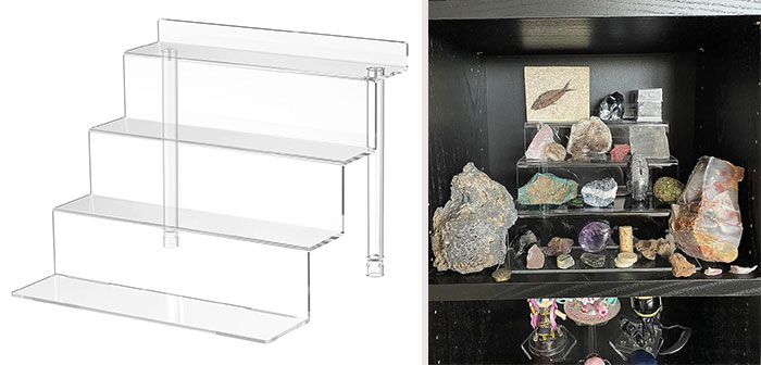 WINKINE Acrylic Riser Display Shelf: A no-tool-needed assembly solution for showcasing your favorite collections, cosmetics and more, with a removable fourth step for added flexibility and compatibility with various counter spaces.