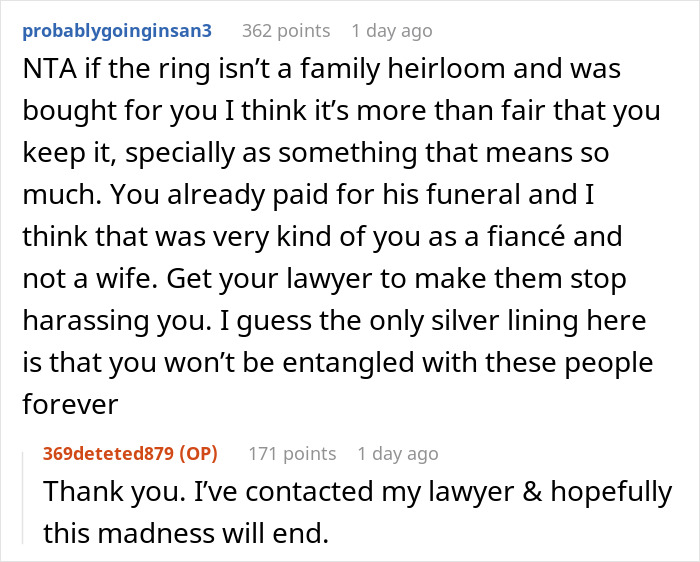Reddit discussion about a family heirloom dispute where the late son’s fiancé faces court action from the family. Reddit discussion about a family heirloom dispute where the late son’s fiancé faces court action from the family.