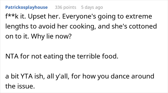 Couple Decides To No Longer Eat MIL's Food Because She's A Terrible Cook, She Gets Offended Couple Decides To No Longer Eat MIL's Food Because She's A Terrible Cook, She Gets Offended