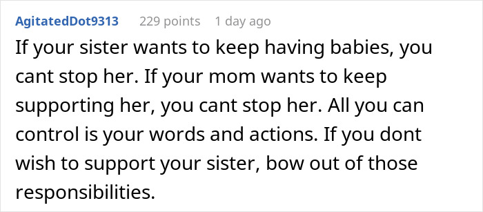 Reddit comment discussing a 16-year-old shaming older sister for getting pregnant for the seventh time. Reddit comment discussing a 16-year-old shaming older sister for getting pregnant for the seventh time.