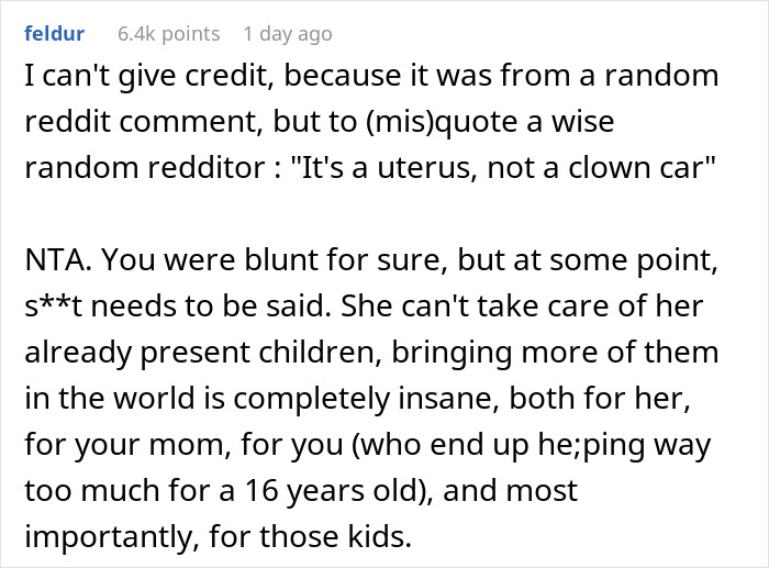 Reddit comment shaming older sister for getting pregnant for the seventh time, highlighting negligence and family impact. Reddit comment shaming older sister for getting pregnant for the seventh time, highlighting negligence and family impact.