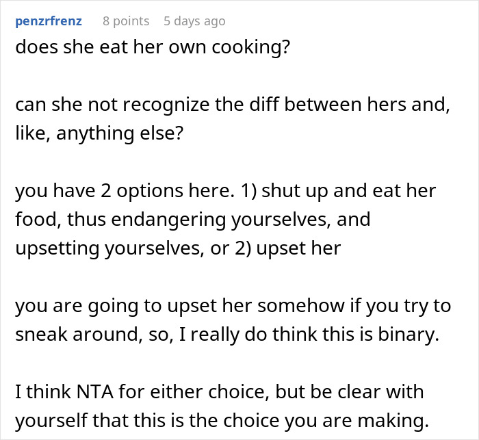 Couple Decides To No Longer Eat MIL's Food Because She's A Terrible Cook, She Gets Offended Couple Decides To No Longer Eat MIL's Food Because She's A Terrible Cook, She Gets Offended