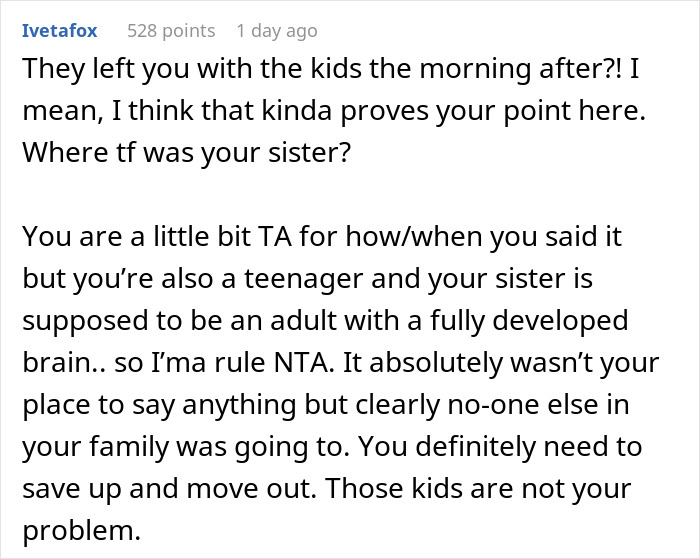 Comment discussing a teenager shaming older sister for seventh pregnancy and family tensions over parenting responsibilities. Comment discussing a teenager shaming older sister for seventh pregnancy and family tensions over parenting responsibilities.