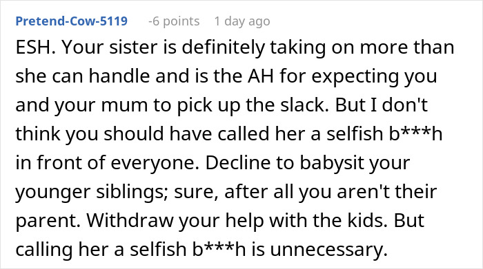 Comment discussing a 16-year-old shaming older sister for getting pregnant multiple times and family tensions involved. Comment discussing a 16-year-old shaming older sister for getting pregnant multiple times and family tensions involved.