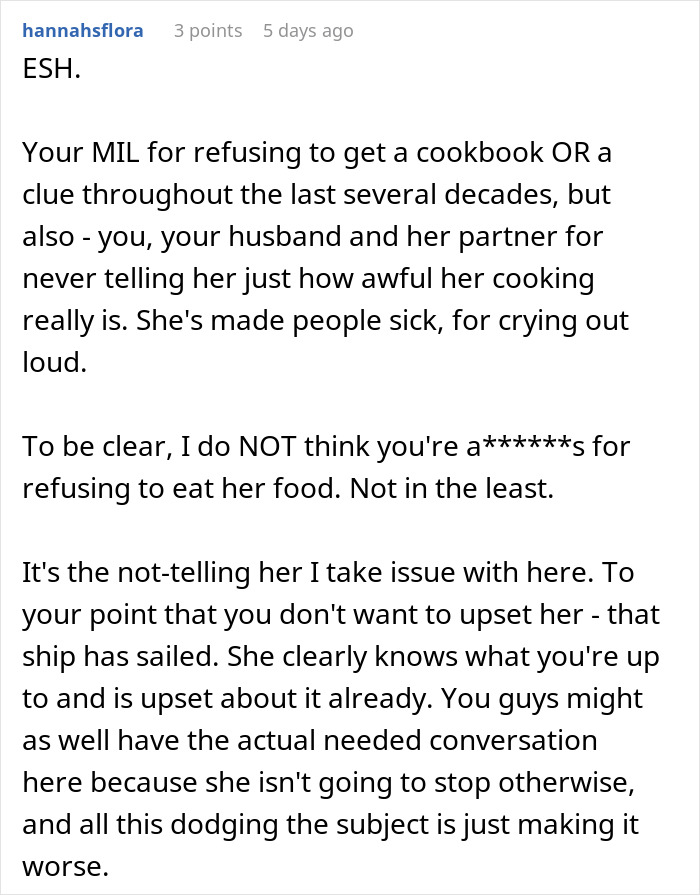Couple Decides To No Longer Eat MIL's Food Because She's A Terrible Cook, She Gets Offended Couple Decides To No Longer Eat MIL's Food Because She's A Terrible Cook, She Gets Offended