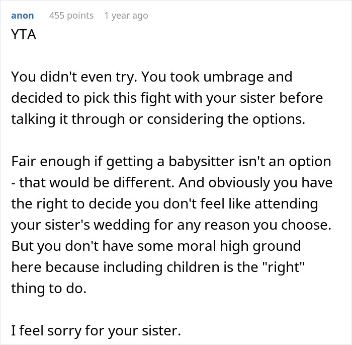 Woman Announces She Won't Attend Sister's Childfree Wedding, Fails To See Her Entitlement