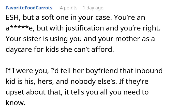 Screenshot of online comment criticizing an older sister for multiple pregnancies and financial struggles with childcare. Screenshot of online comment criticizing an older sister for multiple pregnancies and financial struggles with childcare.