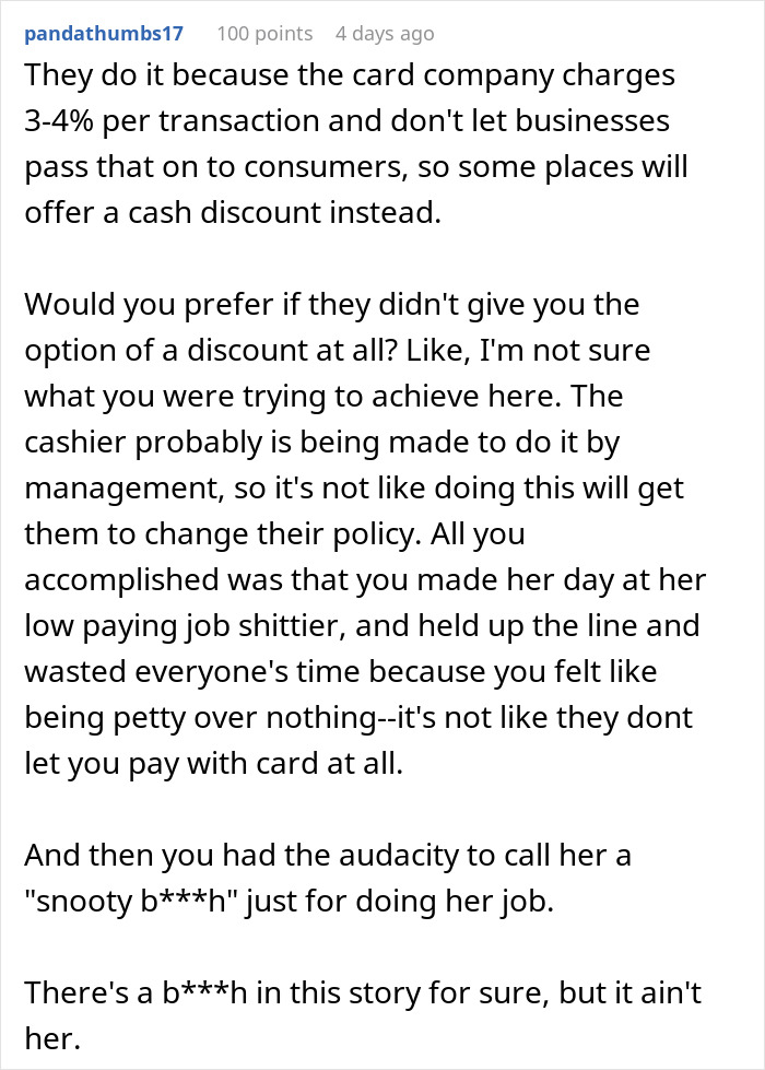 “It’s Cheaper To Pay With Cash”: Customer Makes Cashier Regret Pushing Their Policy On Them “It’s Cheaper To Pay With Cash”: Customer Makes Cashier Regret Pushing Their Policy On Them