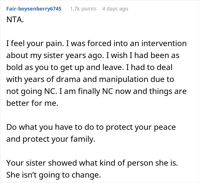 Commenter shares personal experience with family intervention, advising protecting peace and handling family drama wisely. Commenter shares personal experience with family intervention, advising protecting peace and handling family drama wisely.