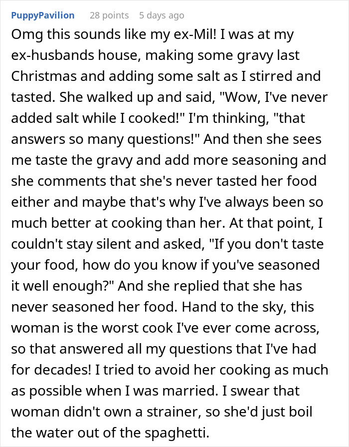 Couple Decides To No Longer Eat MIL's Food Because She's A Terrible Cook, She Gets Offended Couple Decides To No Longer Eat MIL's Food Because She's A Terrible Cook, She Gets Offended